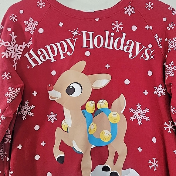 Rudolph the Red Nosed Reindeer Sweatshirt Red Snowflakes Holiday Pullover L/XL F - Picture 3 of 6